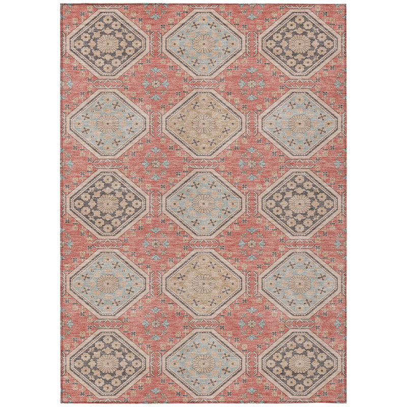 3' X 5' Salmon And Beige Floral Washable Indoor Outdoor Area Rug