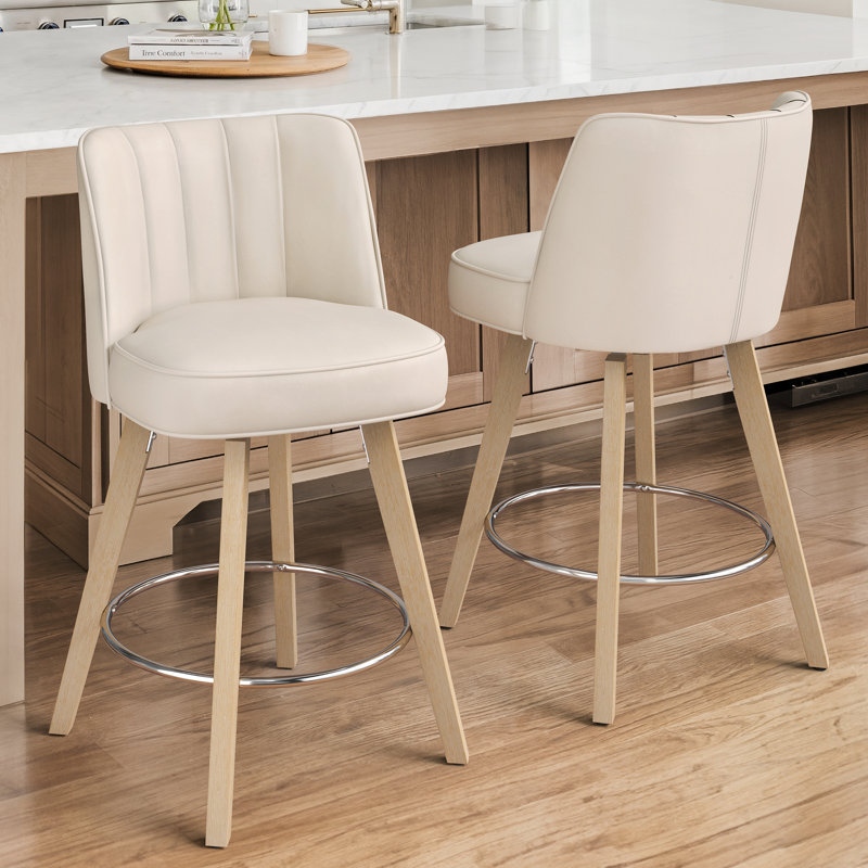 Norflett Solid Wood Swivel Counter Stool, Ivory Seat/ Brushed Frame