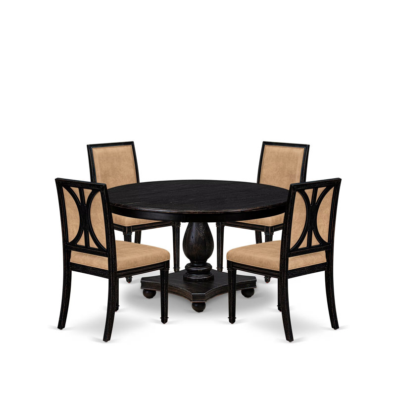 L'ensemble de table de salle à manger 5 pièces se compose d'une table et de 4 chaises de salle à manger en tissu de polyester beige avec dossier haut - fini noir sablé