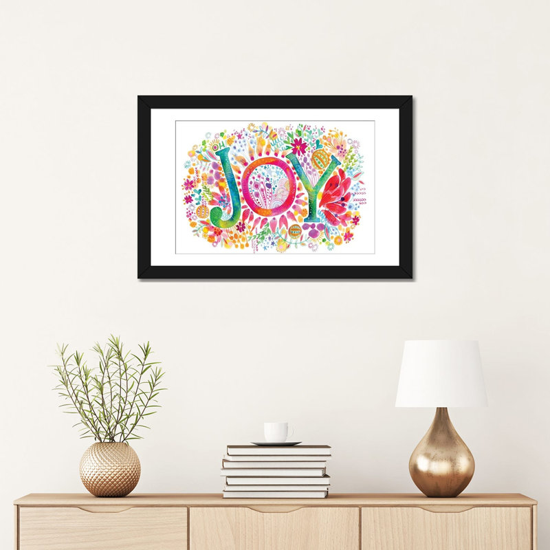« oh joy », impression sur toile tendue, H 16 po x l 24 po x P 1 po, Papier avec cadre noir, Blanc