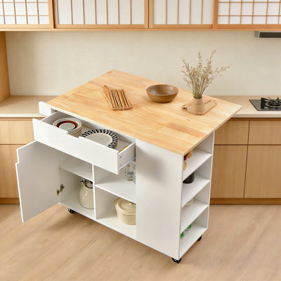 Kitchen Island Cart With Drop-Leaf Countertop, Spice Rack, Storage Shelves And Drawer, Mobile Serving Cart On Locking Wheels For Kitchen, Dining Or Coffee Bar