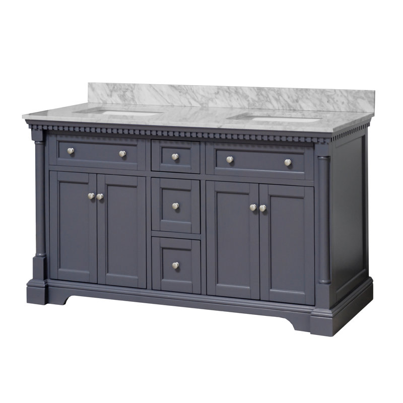 Ensemble de meuble-lavabo double 60 po Fossen, Gris marine, Marbre de Carrare