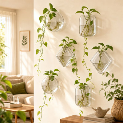 Paquet de 6 vases à fleurs muraux en verre, terrariums suspendus avec crochets sans perceuse et brosse de nettoyage, vase mural en verre transparent pour plantes hydroponiques, décoration murale pour la maison, plantes non incluses
