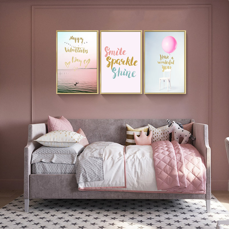 " Romantic " 3 - Pieces, Gold Canvas Framed, 16.3" H x 36.3" W x 1.65" D