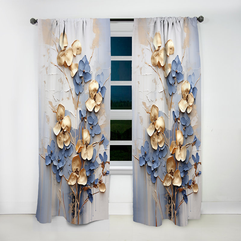 Callands Blue and Gold Adorned Violets I - Traditional Curtain - Velvet Room Darkening - 1 Panel, 52" W x 108" L
