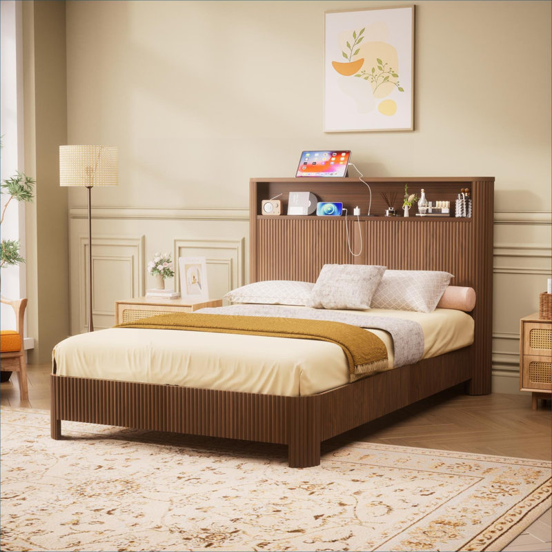 Brown finish MDF bed frame for Full XL size bedroom use, modern wavy design with storage headboard and built-in charging station