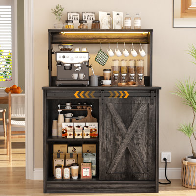 Farmhouse Coffee Bar Cabinet With 6 Hooks, Coffee Bar Hutch With Storage, Buffet Cabinet With Sliding Barn Door, Coffee Bar Table With Adjustable Shel by Wrought Studio