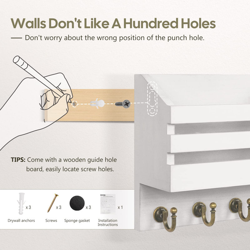White Wooden Wall-Mounted Key and Mail Organizer with Drawer