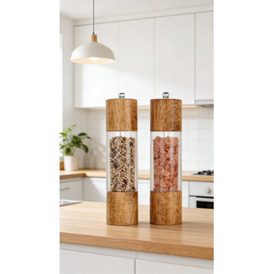 Premium Acrylic Salt And Pepper Grinder Set With Adjustable Ceramic Core - Manual Mills With Wood Finish And Clear View Window - 8 Inch Tall Design (Set Of 2)