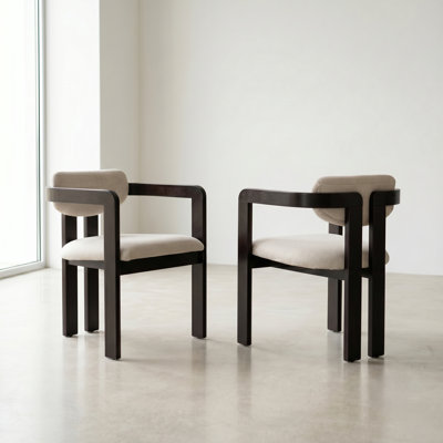 Telluride Mid Century Rubber Dining Armchairs Natural Beige Solid Wood Set of 2