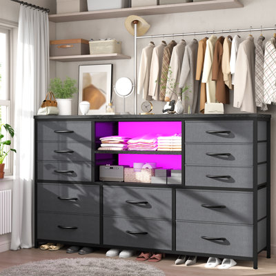 12-drawer Dresser With Led Lights & Outlets - Metal Frame Tv Stand For 60'' Screens, Versatile Use