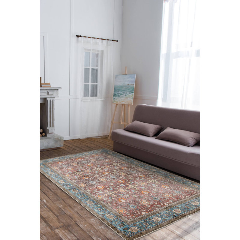 Tapis décoratif brun en polyester oriental bleu doux tissé à la machine, Rectangle 5 pi 3 po x 7 pi 7 po