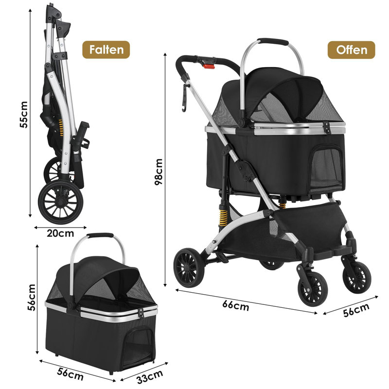 Foldable Pet Stroller, Black/Silver