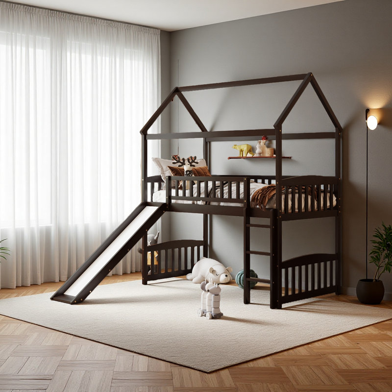 Twin Loft Bed With Slide, House Bed With Slide, Espresso