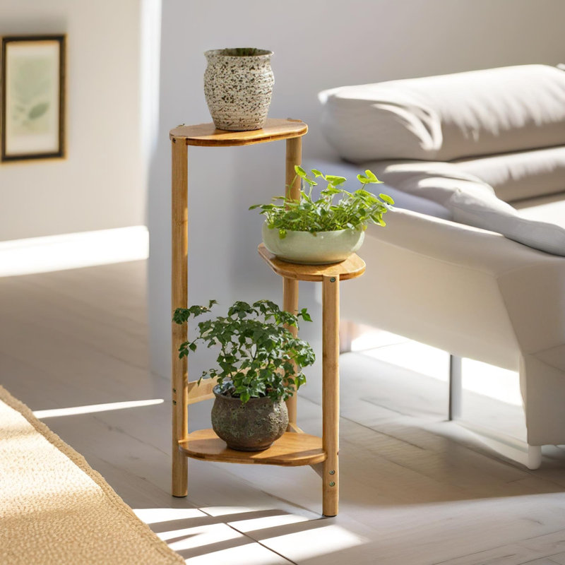 Alarico Natural Bamboo 2 Tier Plant Stand, Plant Pot Holder, Living Room Shelf