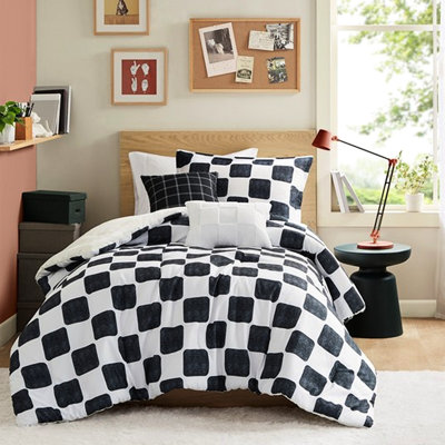 Édredon double / grand, motif à carreaux moderne, 2 taies décoratives et coussins décoratifs, microfibre, lavable à la machine,