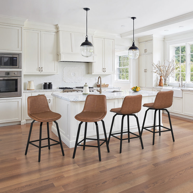Yannis 26''H Faux Leather Swivel Barstools, 4, Brown