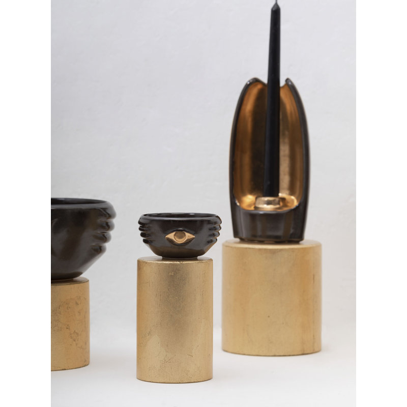 Absoluto Decorative Ceramic Candleholder In Dark Green Glaze With Gold Luster Details, By Andean, In Stock, Black
