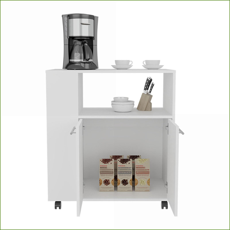 Chariot de cuisine avec deux portes, quatre tablettes et amp; Tablettes latérales | Blanc neige | Moderne | Panneau de fibres à densité moyenne