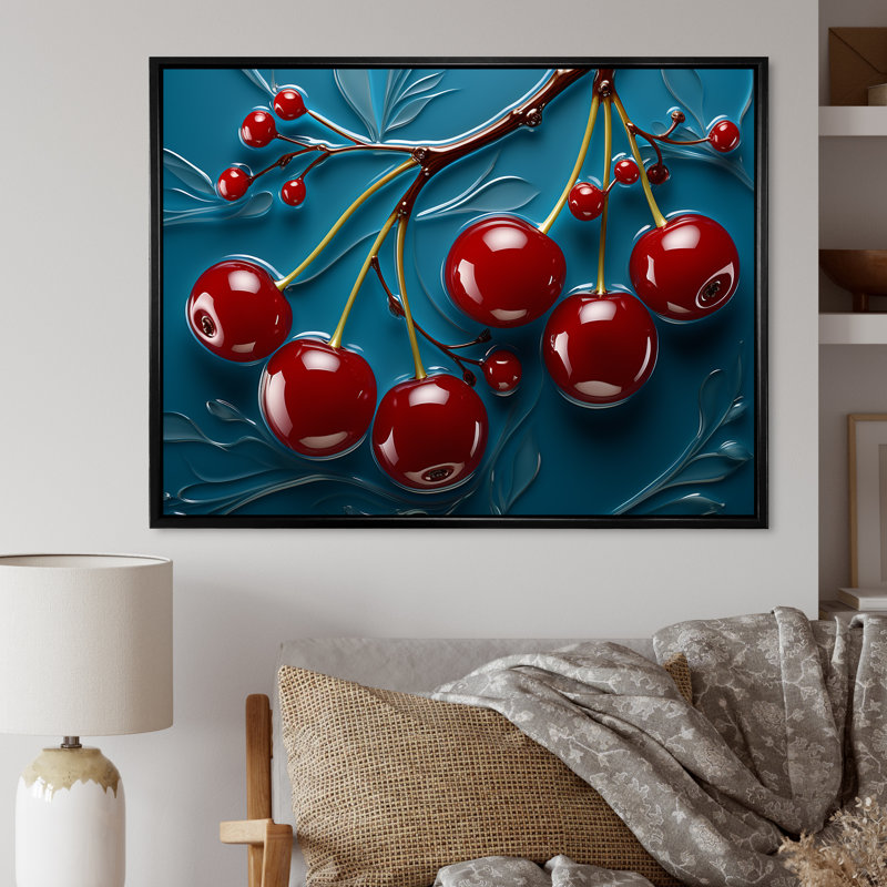 Red Cherry Tree Explosion 1 - Art mural cerise, Cadre flottant noir, H 12 po x l 20 po x P 1 po