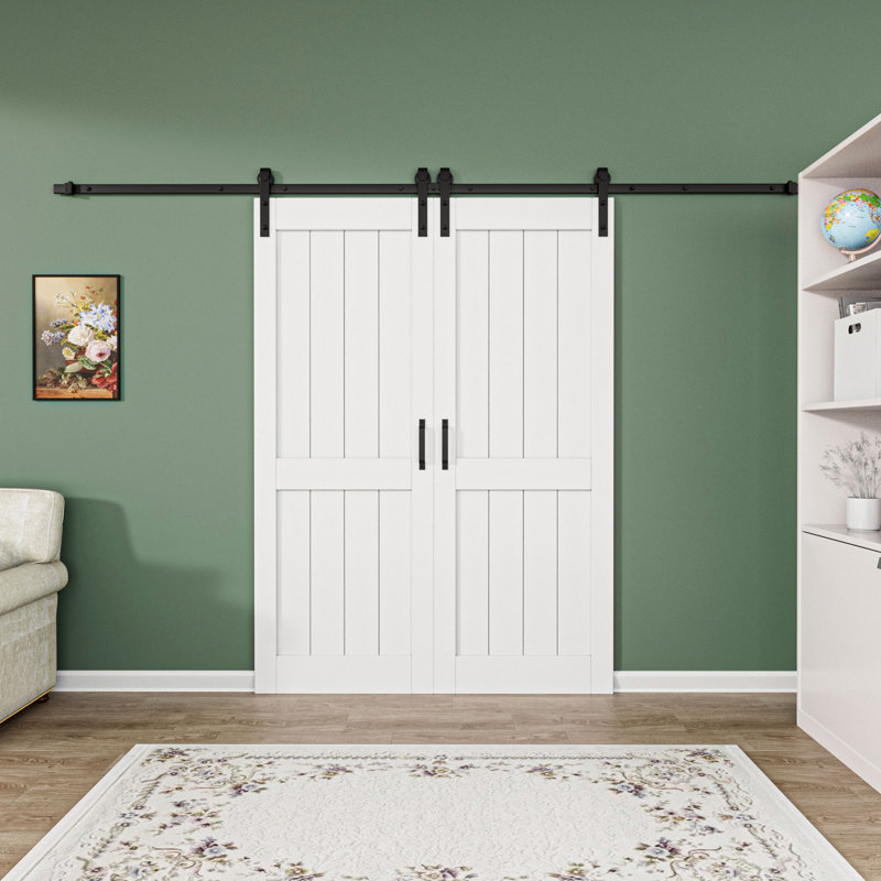 Porte de grange coulissante double préfinie en bois manufacturé avec trousse de quincaillerie d'installation, 60 po x 84 po