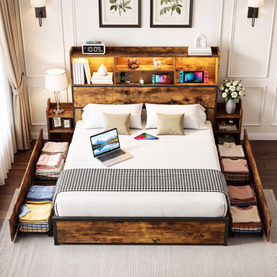Queen Platform Bed Frame With 4 Under‑Bed Storage Drawers, Storage Headboard With Pull Out Nightstands, Charging Station And RGB LED Lights, No Box Spring Required