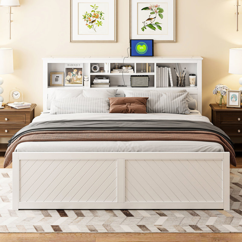 Lit plateforme très grand avec plusieurs tiroirs et tiroirs - conception de rangement abondante et durable White Grace, Blanc