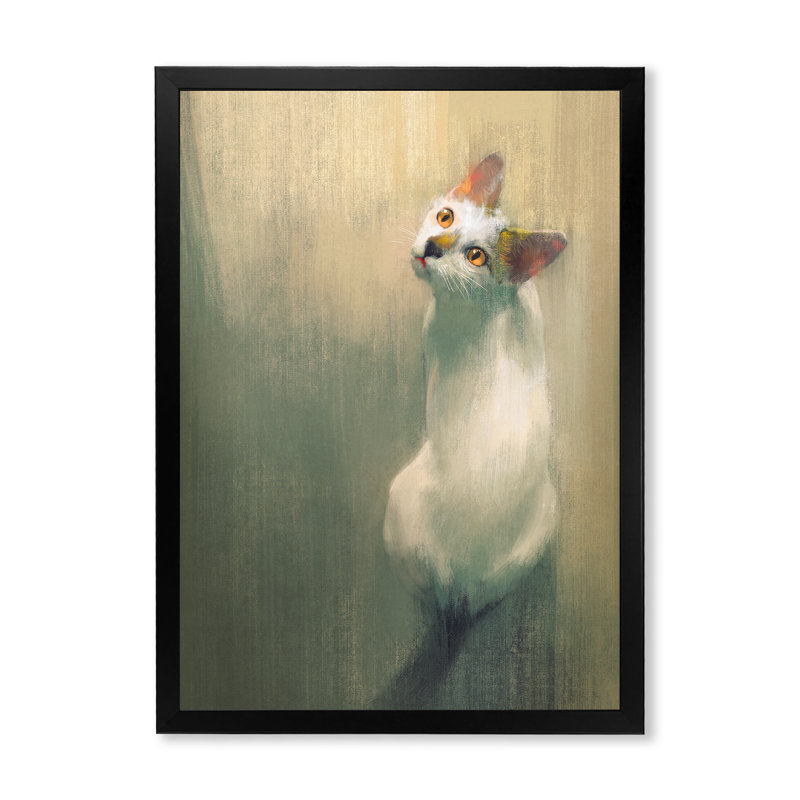 Jeune chat blanc, reproduction d'art sur toile traditionnelle, Impression noire sur toile encadrée