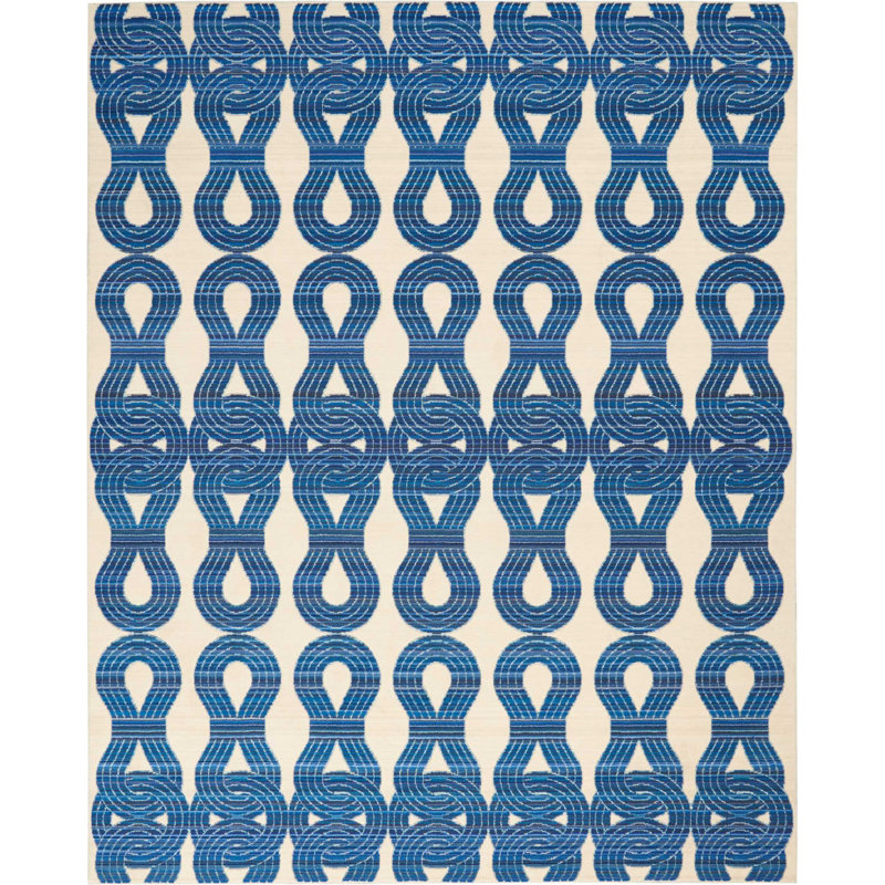 Handmade Ivory and Navy Wool Abstract Rectangular Area Rug