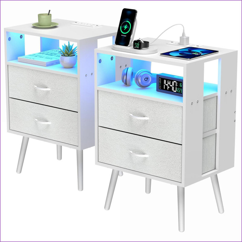 2 Pack Modern Nightstand with Charging Station & LED Fabric Drawers