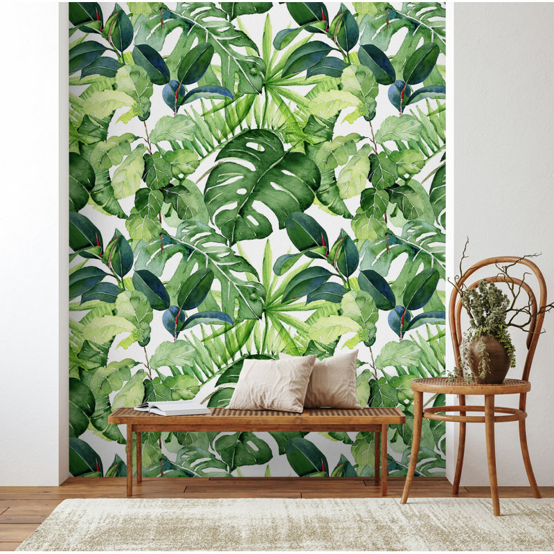 Tropical Green Leaf Botanical Wallpaper on White, 75"L x 112"W