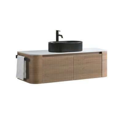 Meuble-lavabo Erba 48 pouces avec lavabo, armoire murale en noyer avec porte-serviettes gratuit, lavabo ovale noir à rayures en céramique, sans bonde ni robinet, préassemblé