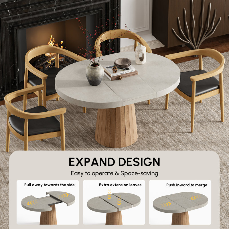Tailings Oval 39"-55" Round Pedestal Dining Table Wood Extendable Dining Room Table for 4 to 6 Japandi Oval Kitchen Table
