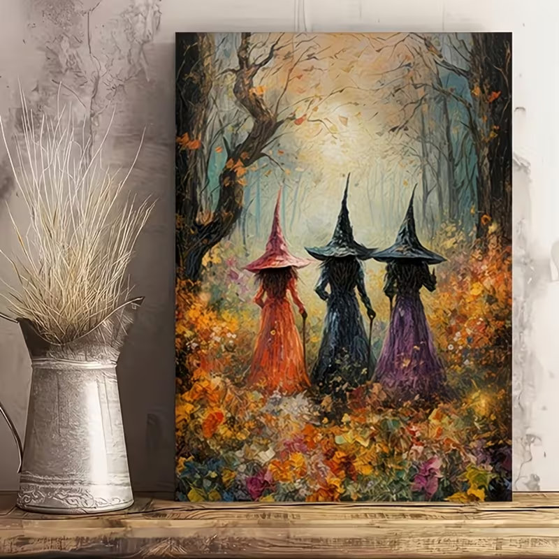 2D Flat, 1pc Framed Beautiful Witches Coven Scenic Canvas Painting Witches Poster Halloween Canvas Print Vintage Wall Art.