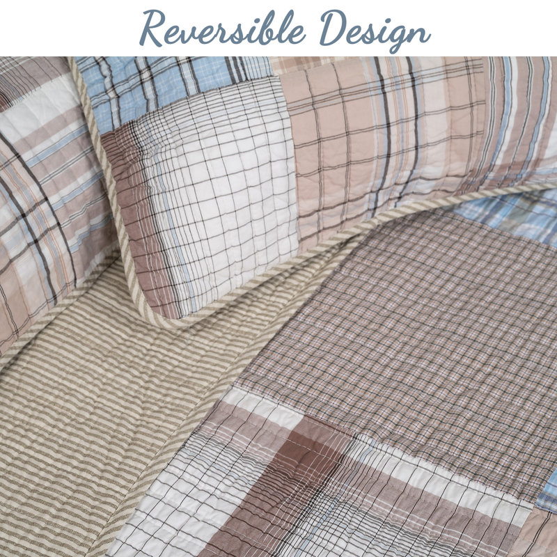 Blue and Brown Cotton Patchwork Queen Reversible Quilt Set