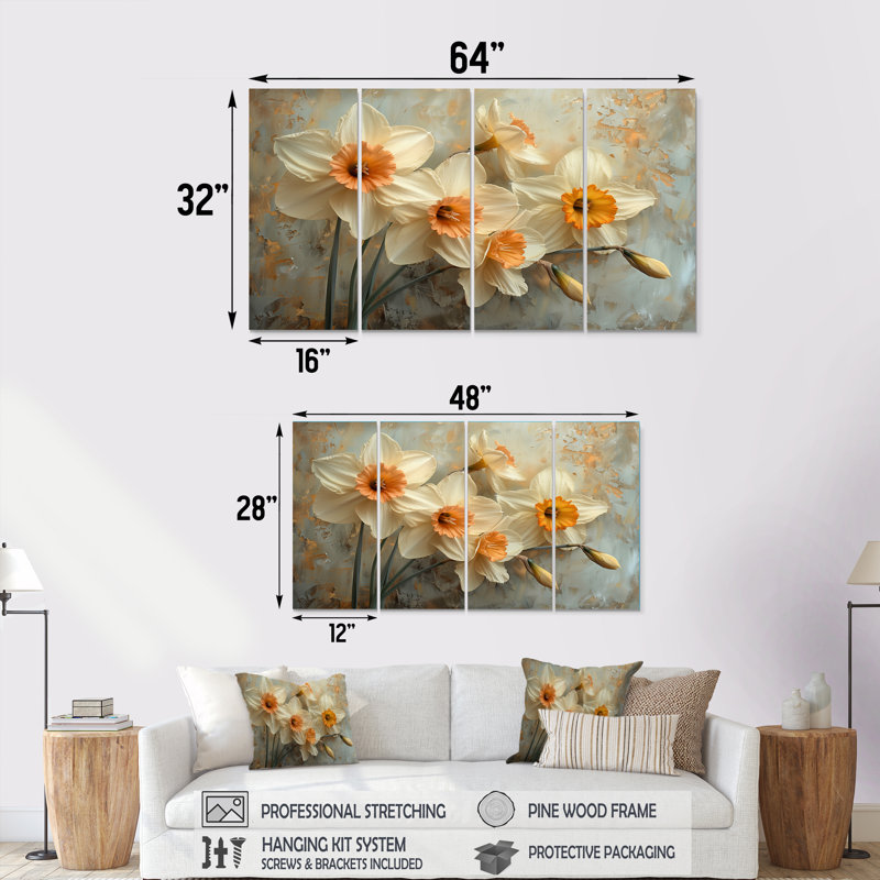 Jaune jaune blanc, fragilité de jonquilles - jonquilles, ensemble d'art sur toile, H 28 po x l 48 po
