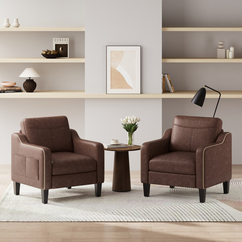 Mid-Century Modern Accent Chair, PU Leather, Solid Wood Frame With Foam Cushions, Chocolate Faux Leather, No