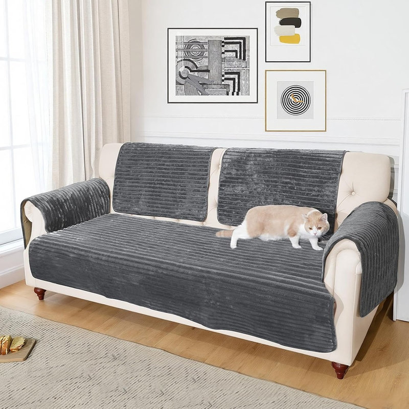 Housse de canapé imperméable à rayures en flanelle, protection antidérapante pour canapé pour animaux, tapis lavable pour chiens et chats, gris foncé
