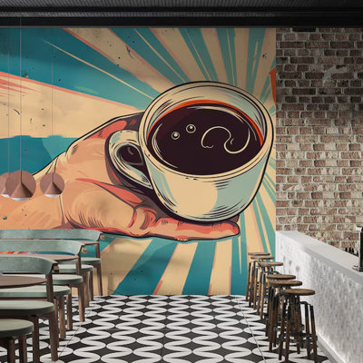 Papier peint rétro avec tasse à café rétro, art rétro avec une main tenant une illustration espresso pour un décor de restaurant et de café