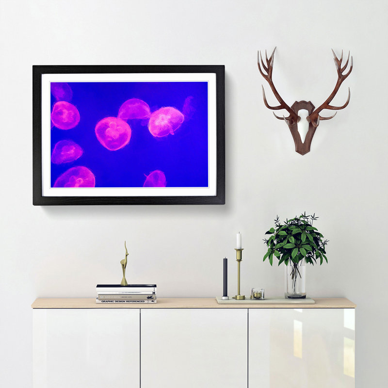 Pink Jellyfish - Picture Frame Painting Print, 48cm H x 65cm W x 2cm D, Black Framed