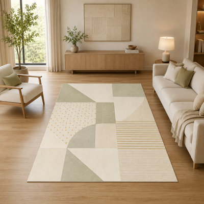 "Ultra Thin" 5'x7'Modern Geometric Patchwork Area Rug for Living Room, Soft Low Pile Indoor Rug with Non-Slip Silicone Backing, Decorative Carpet for Bedroom, Office, Family Room, Sage Green