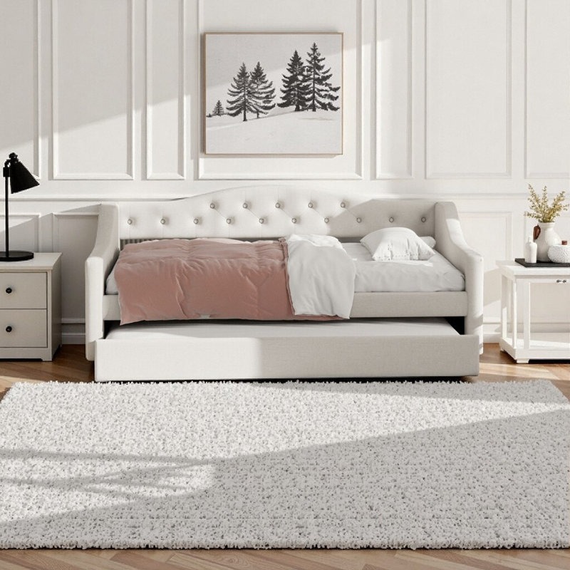 Upholstered Twin XL Daybed with 7-Color LED Lighting, 2 Storage Drawers & Linen Upholstery, Beige, Twin, Beige