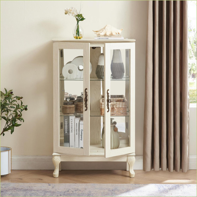 Curio Cabinet | Snow White American Retro Lighted Display with Tempered Glass Doors, Adjustable Shelves, Mirrored Back | MDF+glass