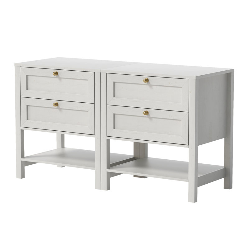 Wooden Nightstand With 2-Drawer And Shelf（Set  of 2）, Antique White