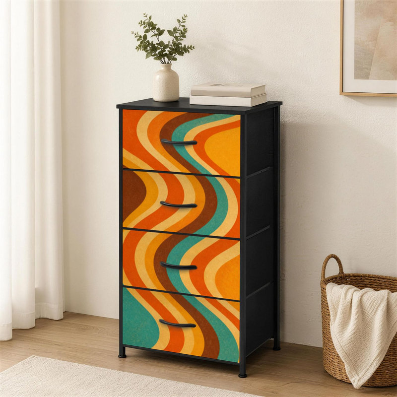 Commode à 4 tiroirs pour la chambre à coucher Rétro groovy Abstrait coloré aux formes ondulées design Petite grande commode à vêtements pour organisateurs de placard avec commode