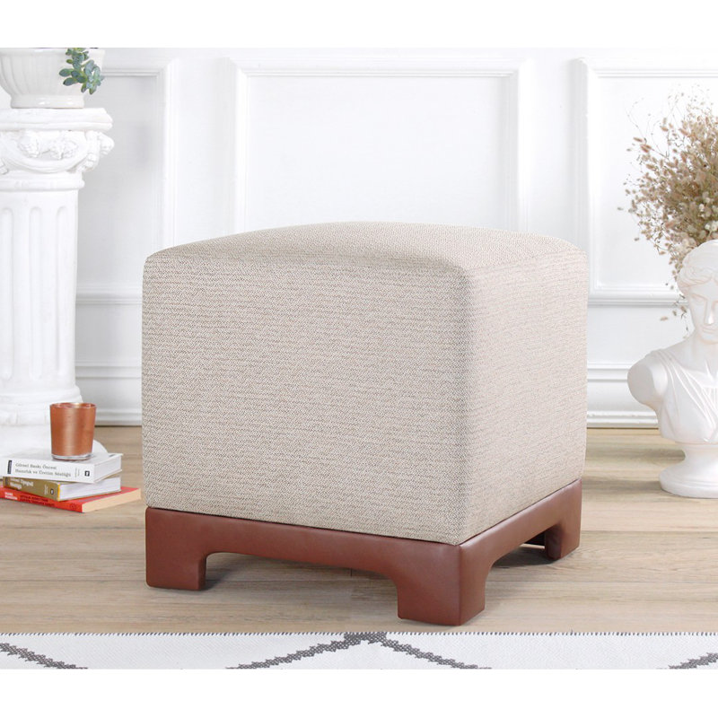 Stylish Pouffe Ottoman, Tan Color, 19.7 x 18.5 x 19.7 inches | 50% Cotton / 50% Linen Fabric, 100% Faux Leather Legs | 35 DNS Orthopedic Sponge, 2.4-inch Thickness | Ideal for Living Room & Bedroom Comfort