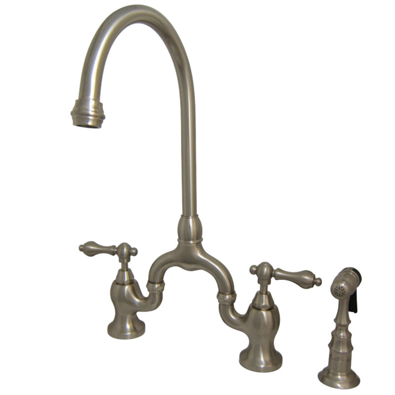 Kingston Brass English Country Two-Handle 3-Hole Deck Mount Bridge Kitchen Faucet with Brass Side Sprayer, Brushed Nickel