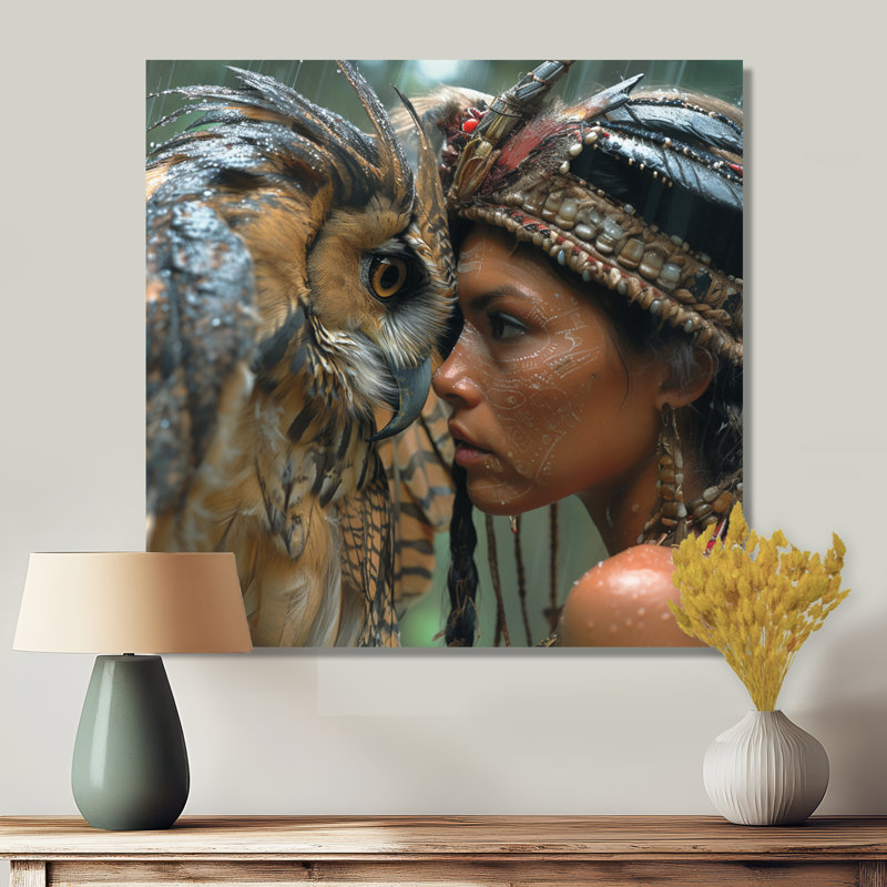 «Mystical Bond Ethnic Owl Love I», art mural hibou, Sans cadre, métal, H 30 po x l 30 po
