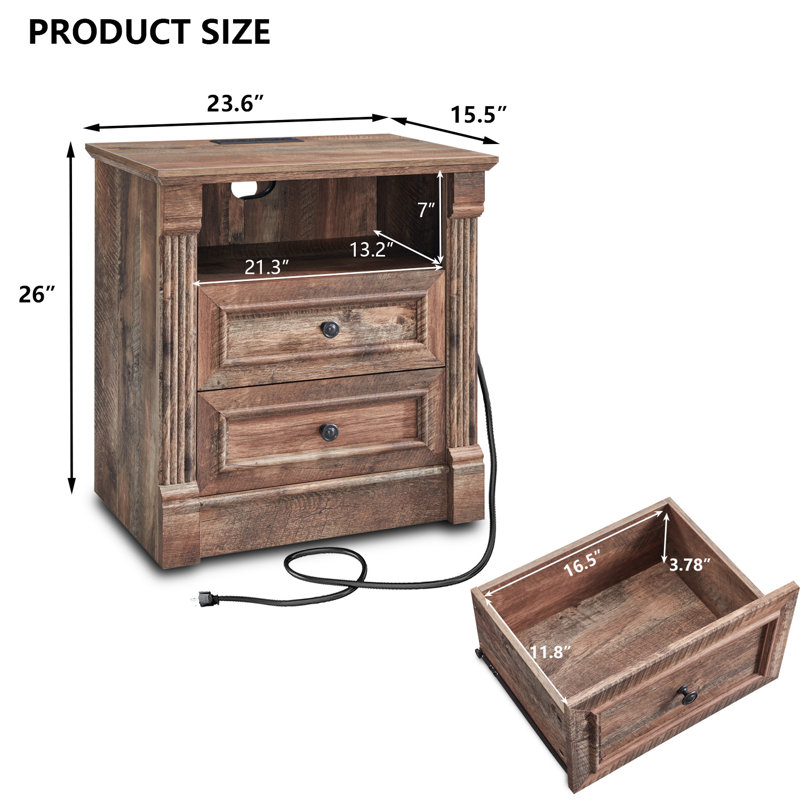 Burlington 26" Tall Nightstand with Charging Station, Farmhouse 23.6" Wide Large End Table w/Roman Column, Brown, Individual