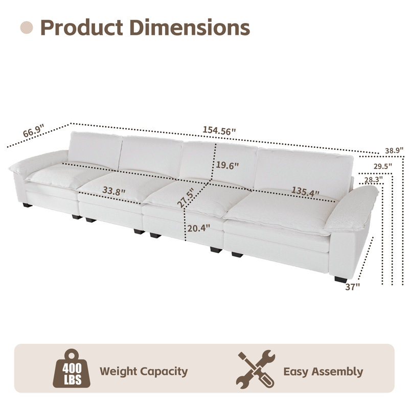 Canapé modulaire 130 po / 154,56 po, H 38,9 po x l 154,56 po x P 66,9 po, 4, Blanc